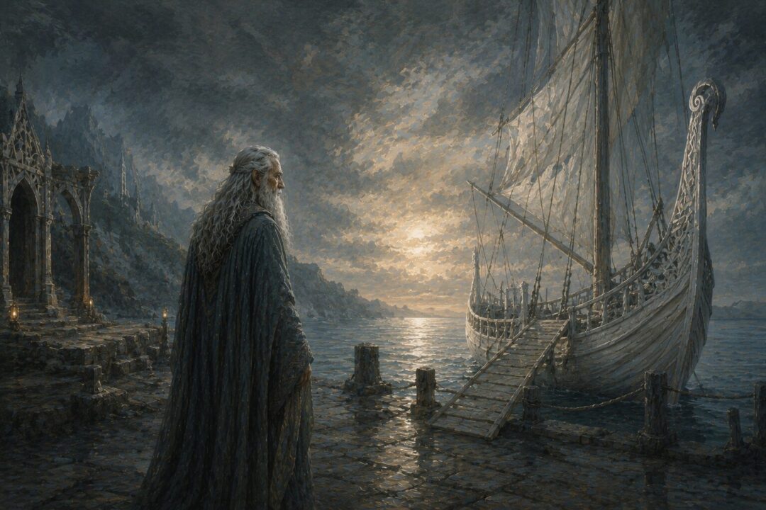 Círdan standing beside the last white ship at the nearly empty Grey Havens.
