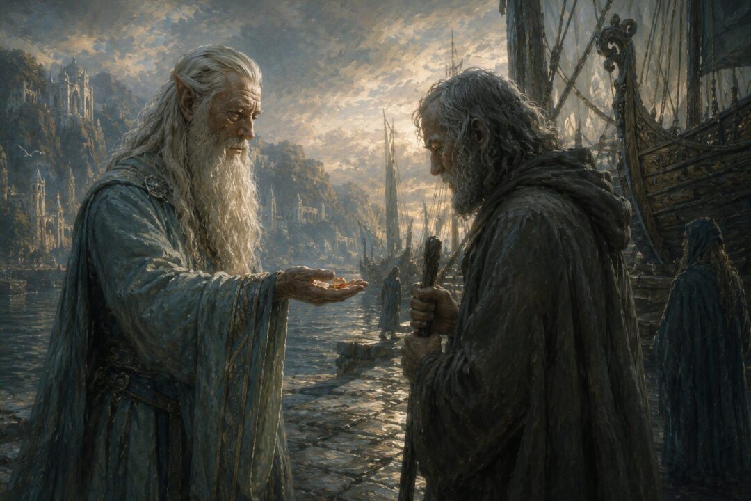 Círdan quietly offering Narya to a grey-cloaked wanderer at the harbor of Lindon.