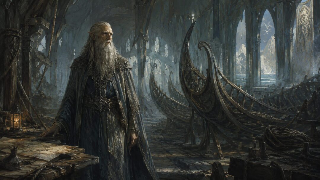 Círdan gives Narya to Gandalf at Mithlond as the Grey Wizard begins his mission in Middle-earth.