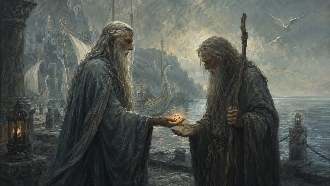 Círdan the Shipwright stands at the Grey Havens beside Elven ships and looks west over the sea.