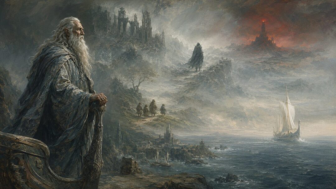 Círdan watches the Ring-bearers and Elven lords prepare to depart from the Grey Havens.
