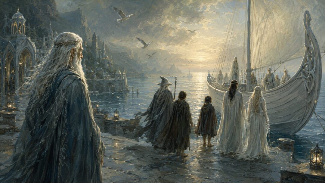 Círdan stands in an ancient Elven shipbuilding hall surrounded by unfinished ships and sea-light.
