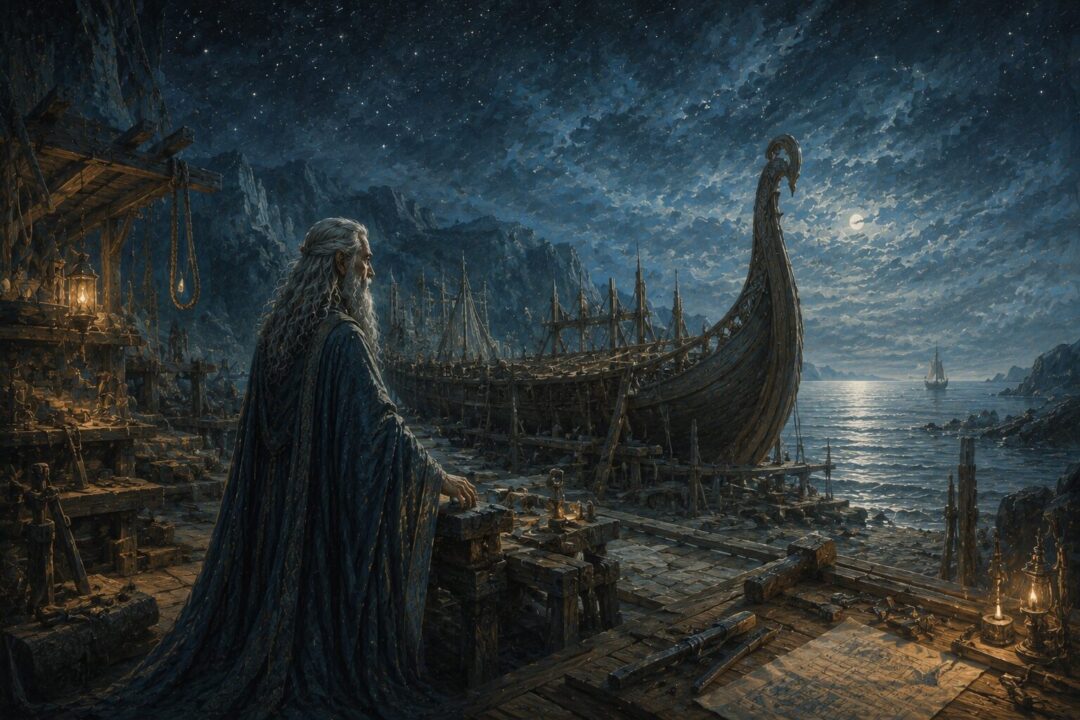 Círdan’s ancient shipyard with carved timber, ropes, tools, and the starlit Sea beyond.
