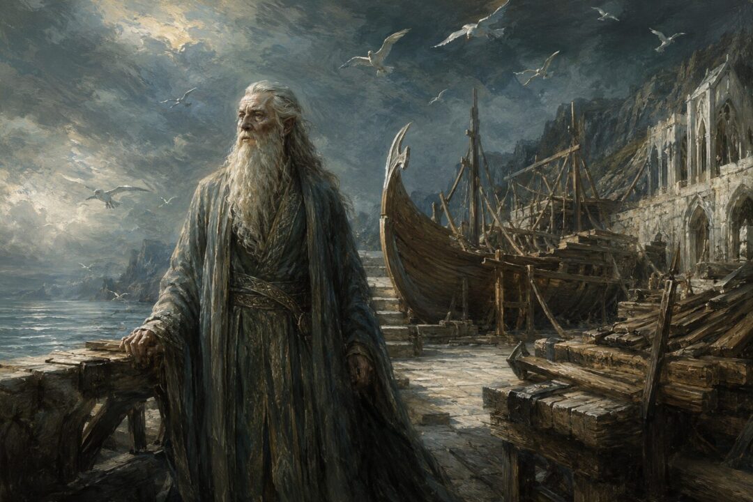 Círdan the Shipwright standing alone at the Grey Havens beside unfinished Elven ships.