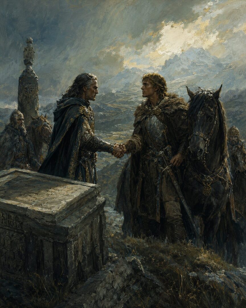 Cirion and Eorl stand on Halifirien as the alliance between Gondor and the horse-lords is sworn.