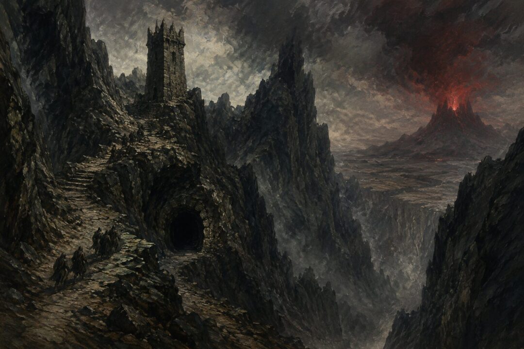 A dark mountain pass at Cirith Ungol with a hidden tunnel beneath a grim tower on Mordor’s border