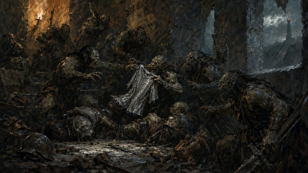Orcs in the Tower of Cirith Ungol fighting over Frodo’s discovered mithril shirt.