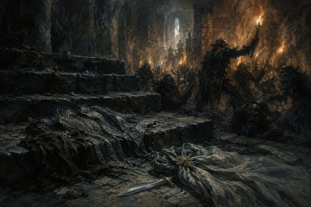 Frodo’s mithril coat, an Elven cloak, and a short sword lie amid chaos inside the Tower of Cirith Ungol.