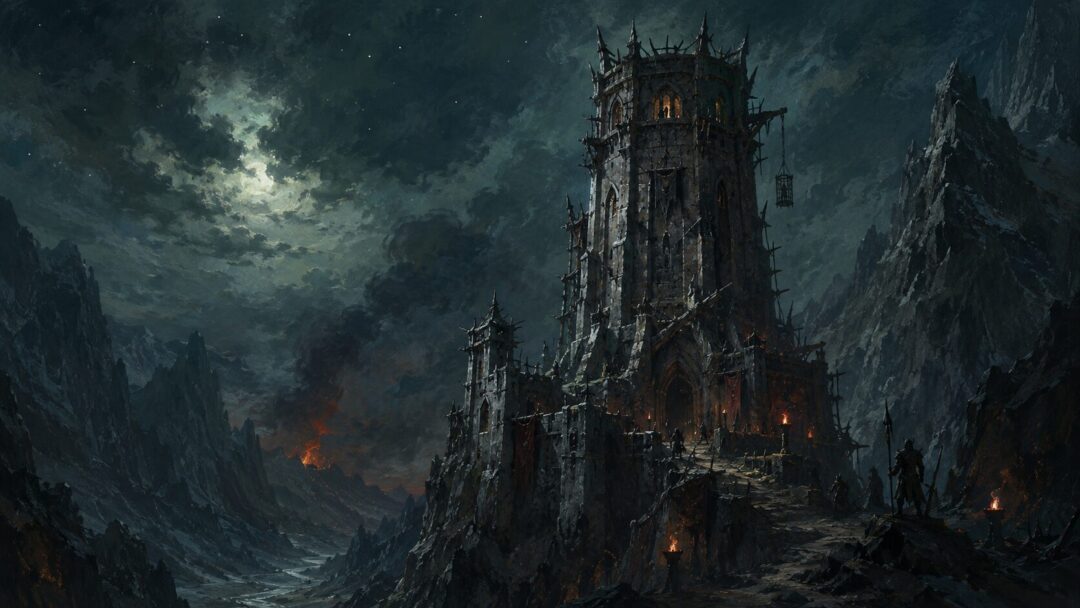 The Tower of Cirith Ungol looms as an ancient Gondorian watchtower corrupted by Mordor.