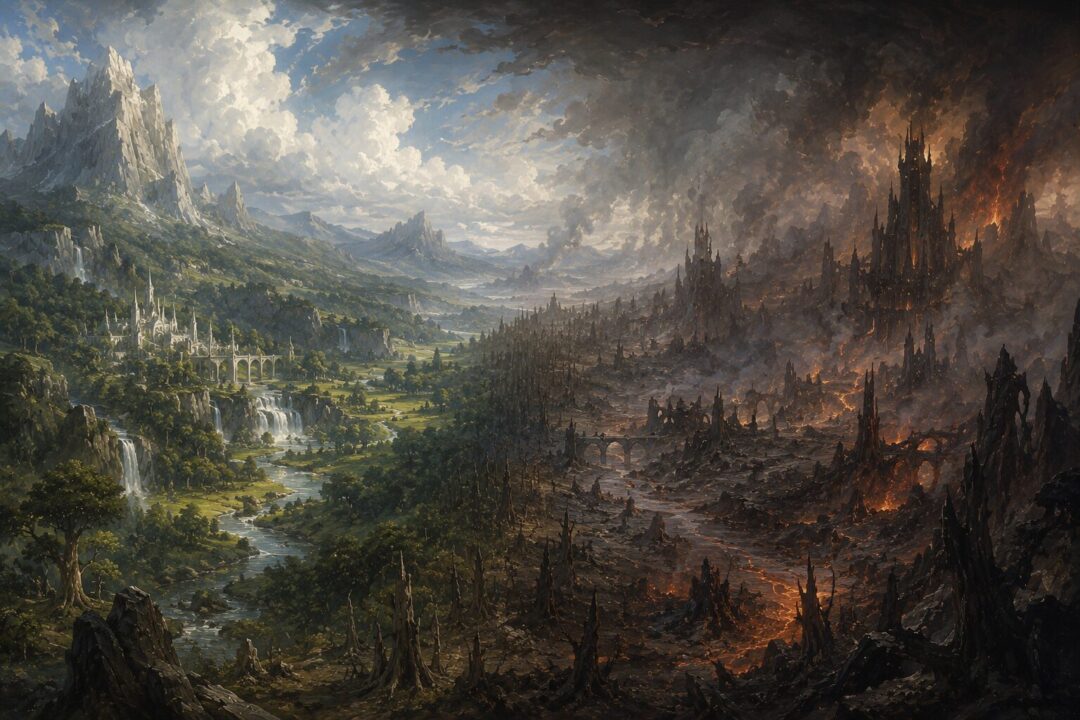 A landscape showing pristine Middle-earth fading into lands ruined by Morgoth's corruption.