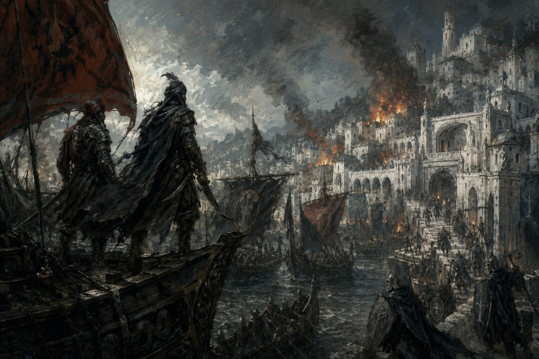 Corsair ships from Umbar attack the river harbor of Pelargir in the Third Age.
