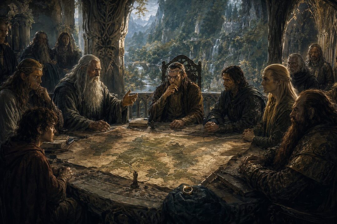 The Council of Elrond discussing whether Tom Bombadil could keep the One Ring safe.