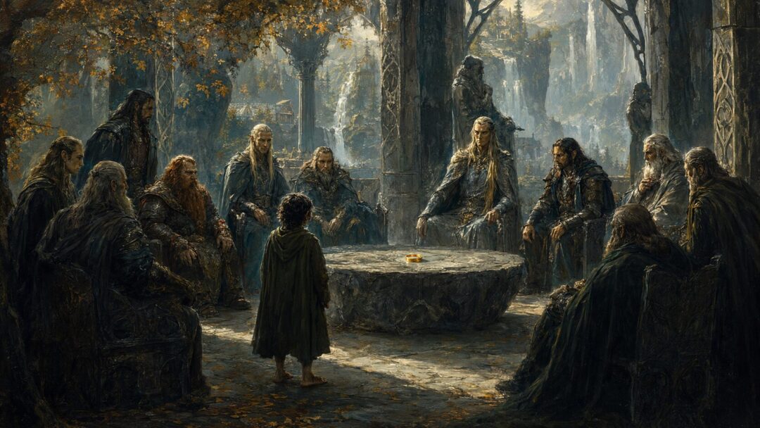Frodo stands before the Council of Elrond as the Ring rests on a stone table in Rivendell.