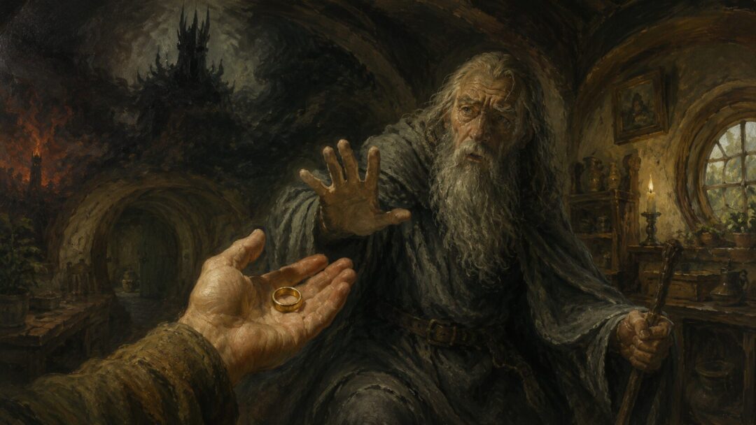 The One Ring rests on a council table in Rivendell as representatives of Middle-earth consider its fate.