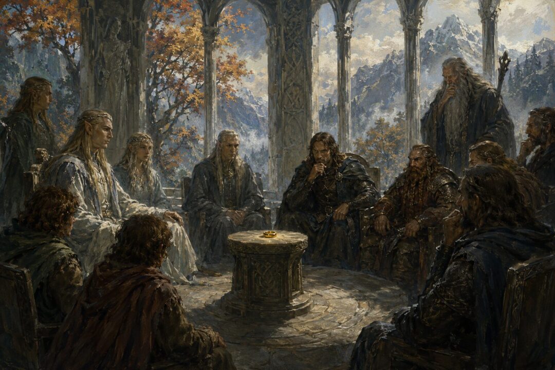 Elves, Dwarves, Men, hobbits, and Gandalf gather around the One Ring in an Elven council hall.
