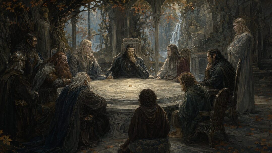 The Council of Elrond debates the fate of the One Ring on a stone table in Rivendell.