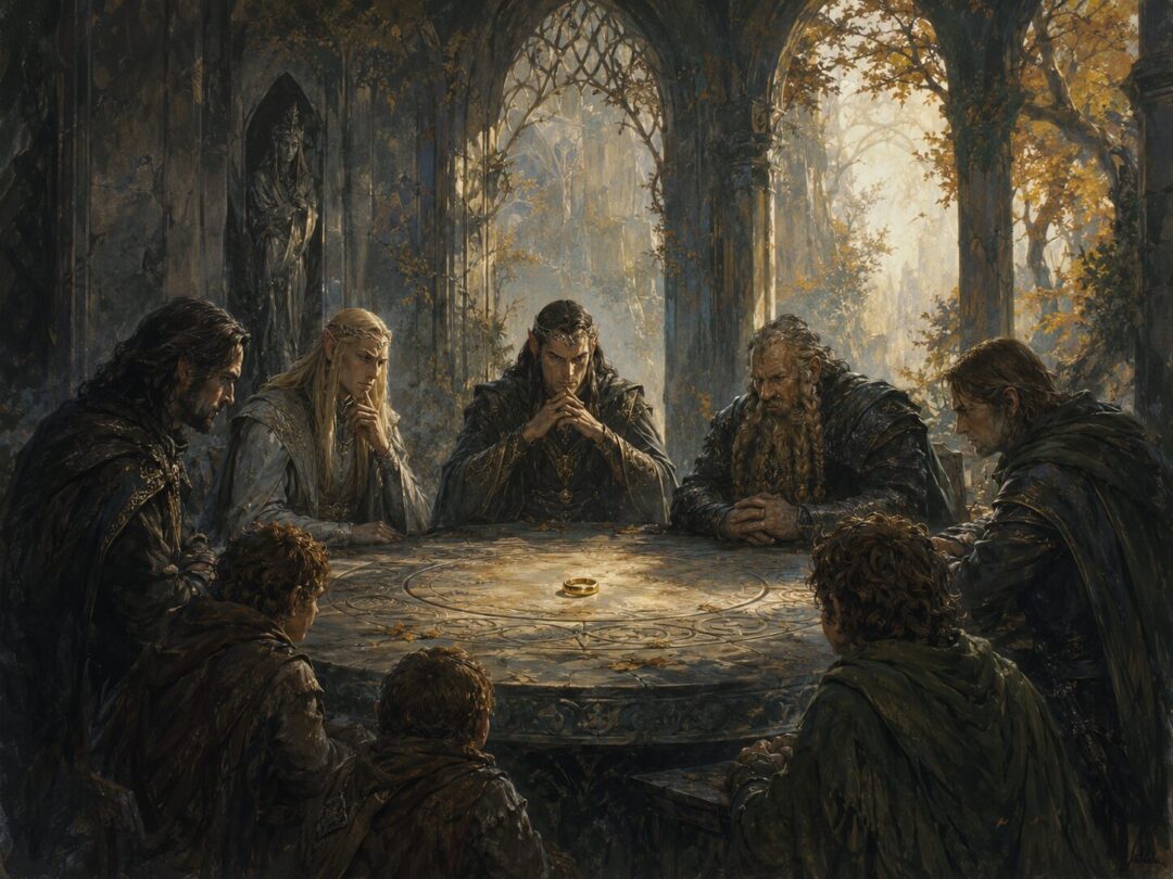 A small golden ring rests on a stone table during a tense secret council in an Elven refuge.