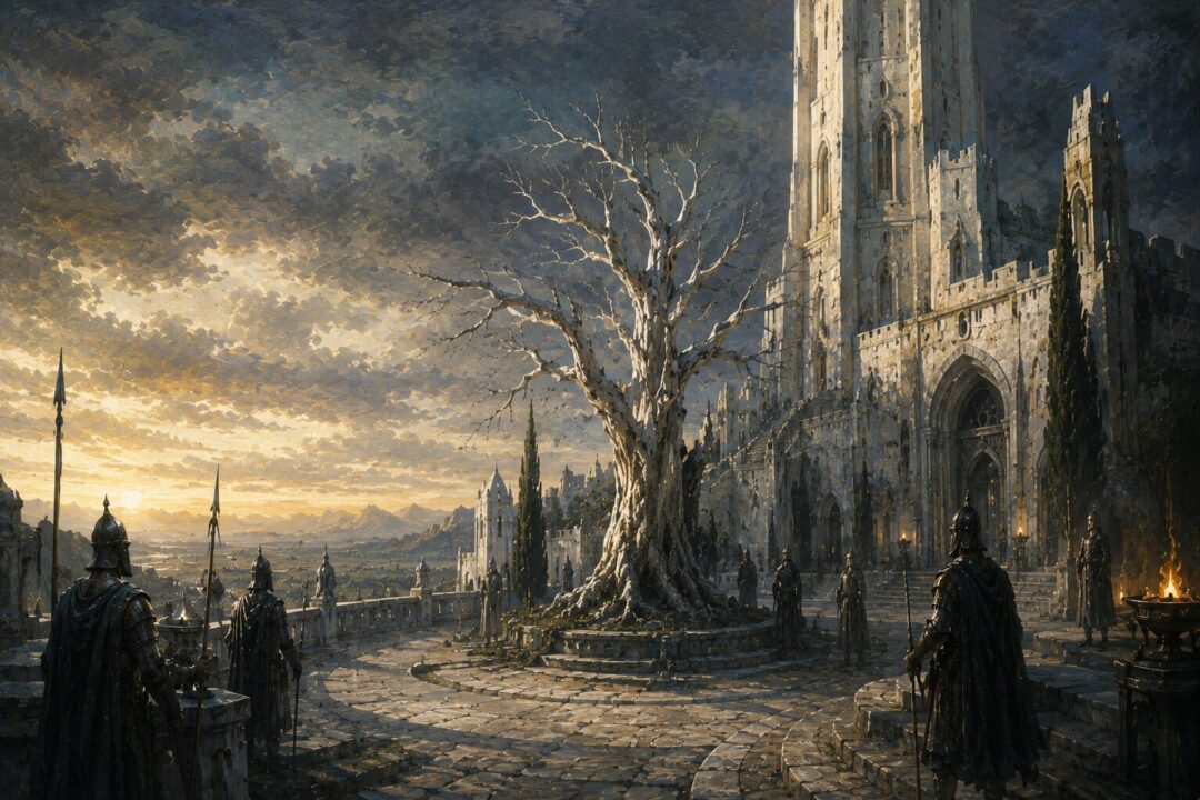 The dead White Tree standing in the Court of the Fountain below the White Tower