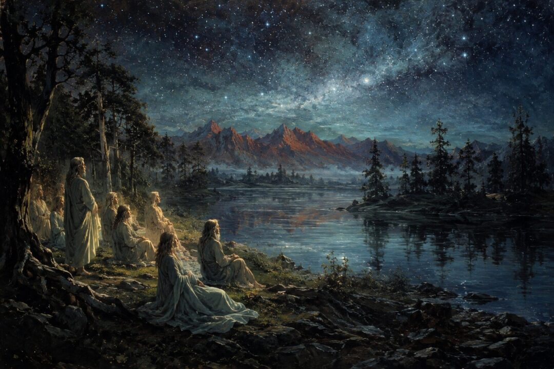 The first Elves awakening beside the waters of Cuiviénen beneath the stars.
