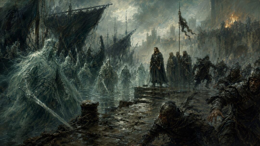 The Dead Men terrify the Corsairs at Pelargir as Aragorn watches from the harbor.