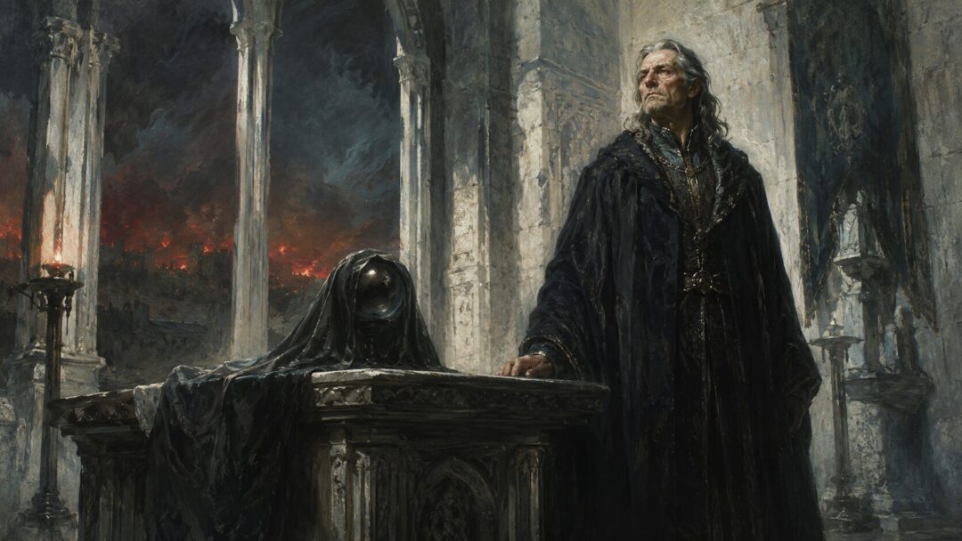 Denethor stands alone in a white stone hall after looking into the palantír.