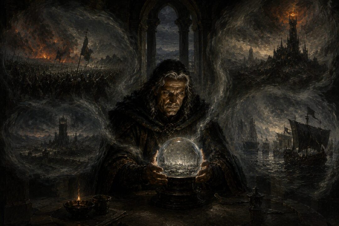 Denethor looking into the palantír while visions of Mordor fill the chamber.