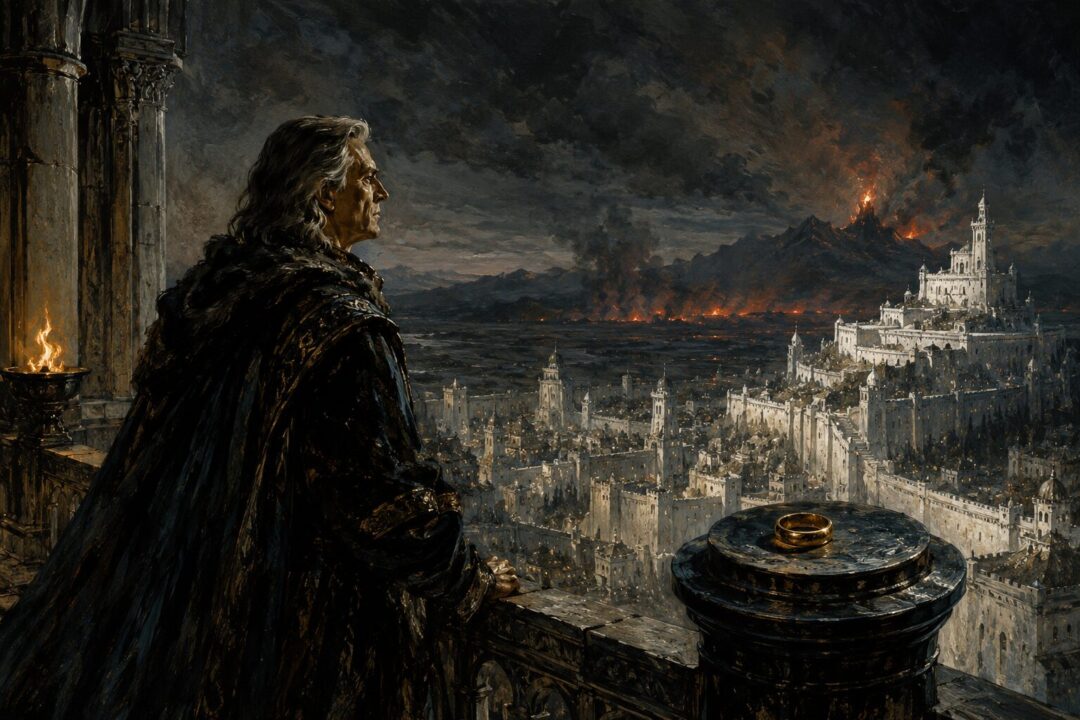 Denethor standing before the One Ring in the tower overlooking Minas Tirith.