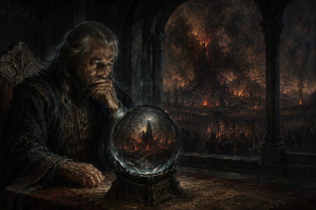Denethor looking into the palantír and witnessing the overwhelming strength of Mordor.