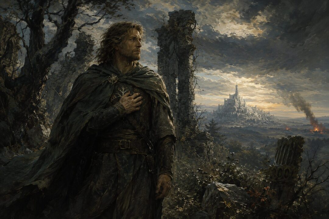 Denethor sits alone beside a dark seeing-stone in Minas Tirith, burdened by pride, fear, and the defense of Gondor.