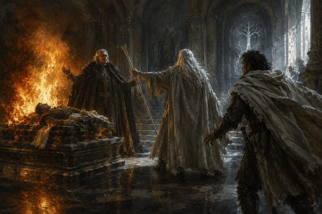 Gandalf and Beregond confront Denethor as Faramir lies upon the funeral pyre.