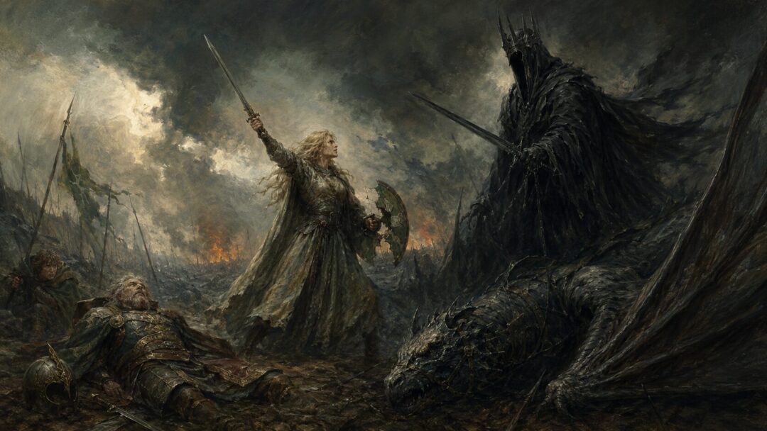 Éowyn disguised as Dernhelm rides with Merry among the Rohirrim toward the Battle of the Pelennor Fields.