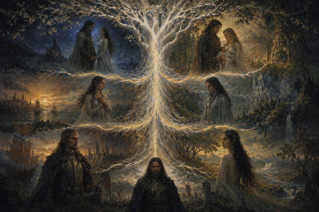 A symbolic ancestral tree linking Beren and Lúthien to Elrond, Elros, Aragorn, and Arwen.