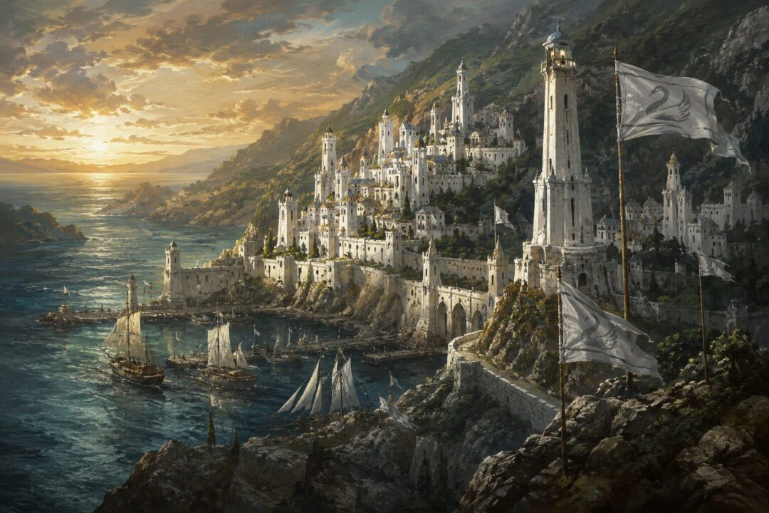 White city of Dol Amroth overlooking the Bay of Belfalas from its rocky peninsula.