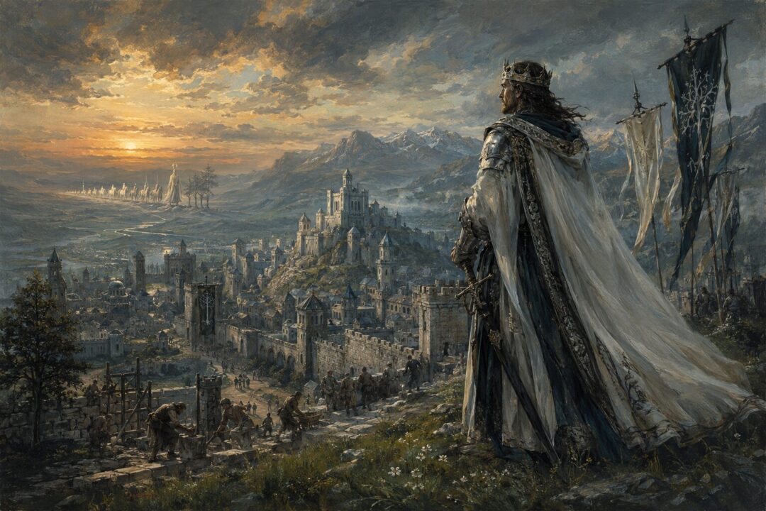 A mortal king overlooking a restored city as an Elven procession fades into the west.