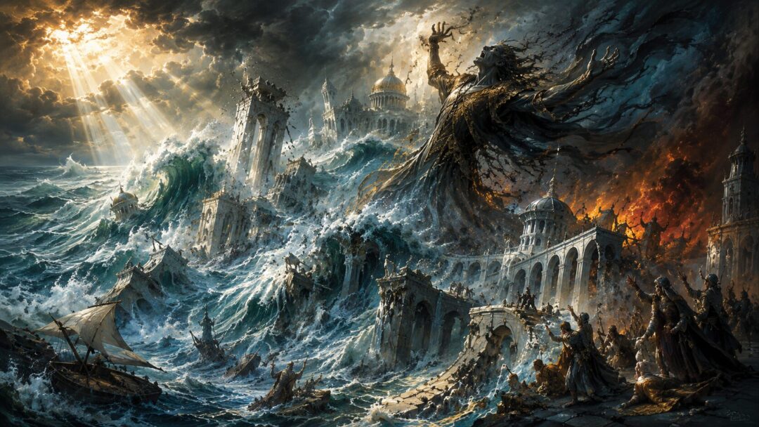 The destruction of Númenor as Sauron's body is lost in the great cataclysm.