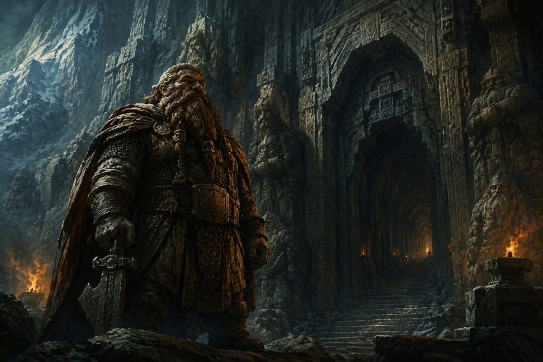 Durin standing before a massive mountain gate carved into stone, embodying Dwarven resolve and ancestral memory