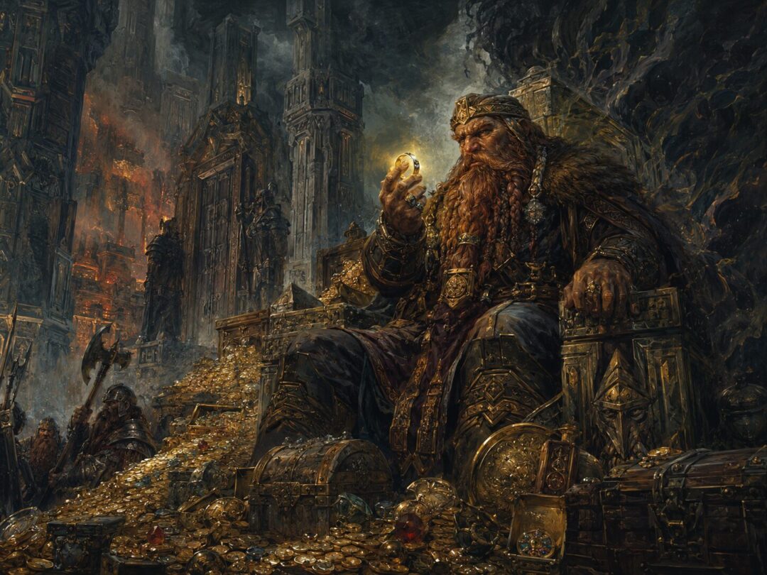 A Dwarf-lord holding one of the Seven Rings in a treasure-filled stone hall.