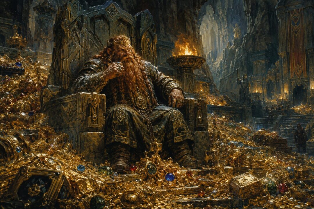 A Dwarven lord wearing one of the Seven Rings amid growing treasure beneath a mountain kingdom.