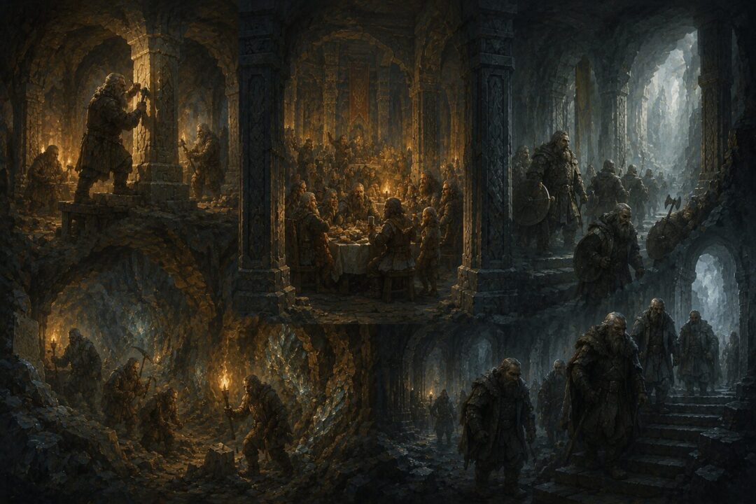 Symbolic stone map transforming into scars to represent how Dwarves remember places through loss and history.