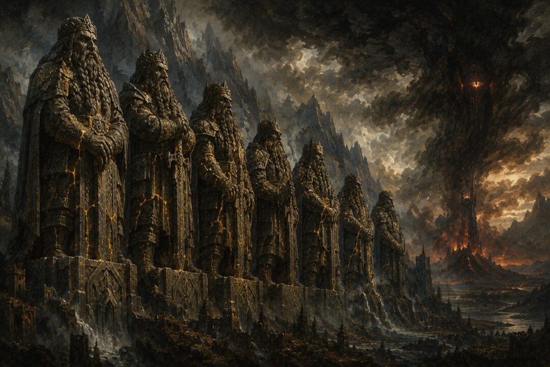 Monumental Dwarf-lords resisting a spreading shadow while gold-filled cracks symbolize corruption through greed.