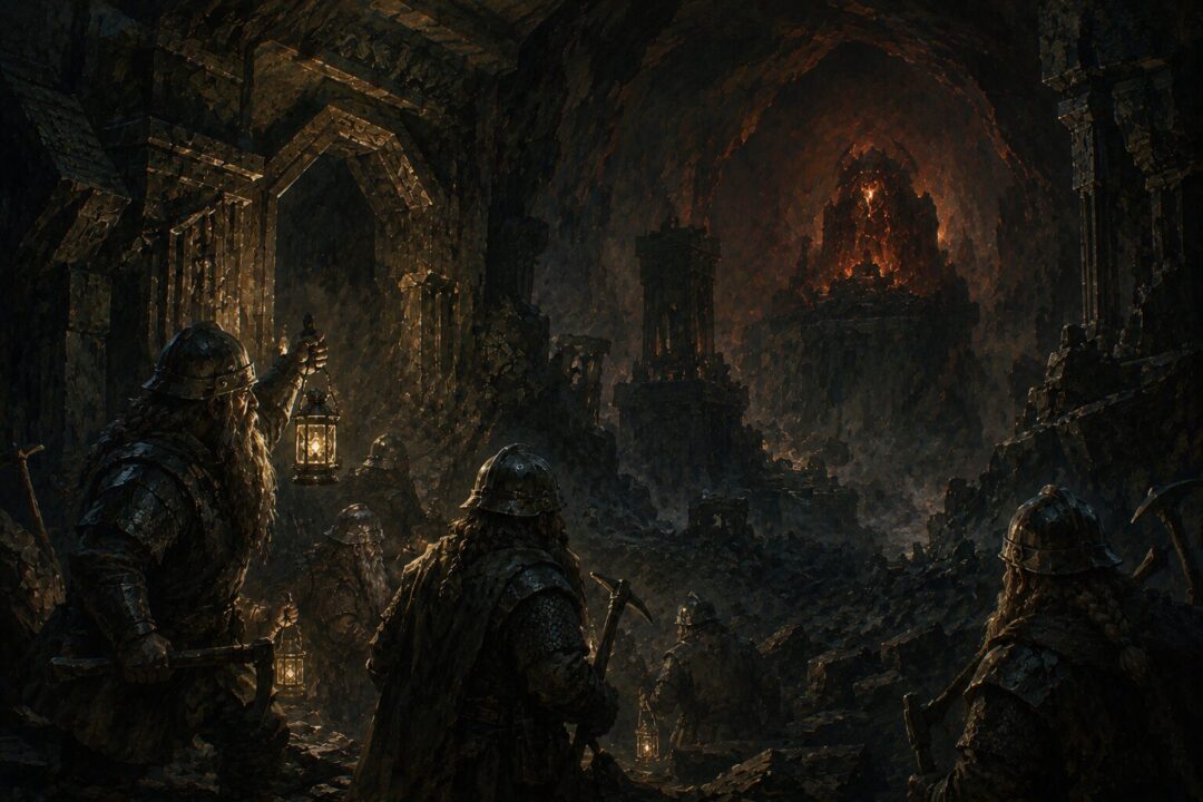 Dwarves of Khazad-dûm breaking into the hidden chamber of Durin's Bane