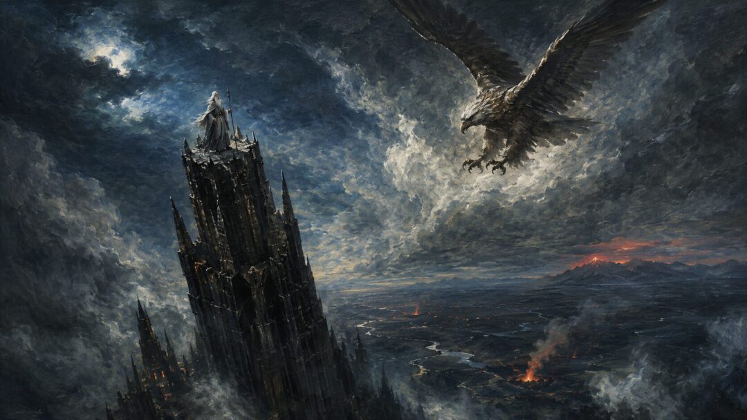 A great eagle approaches Gandalf imprisoned on the high pinnacle of Orthanc at night.