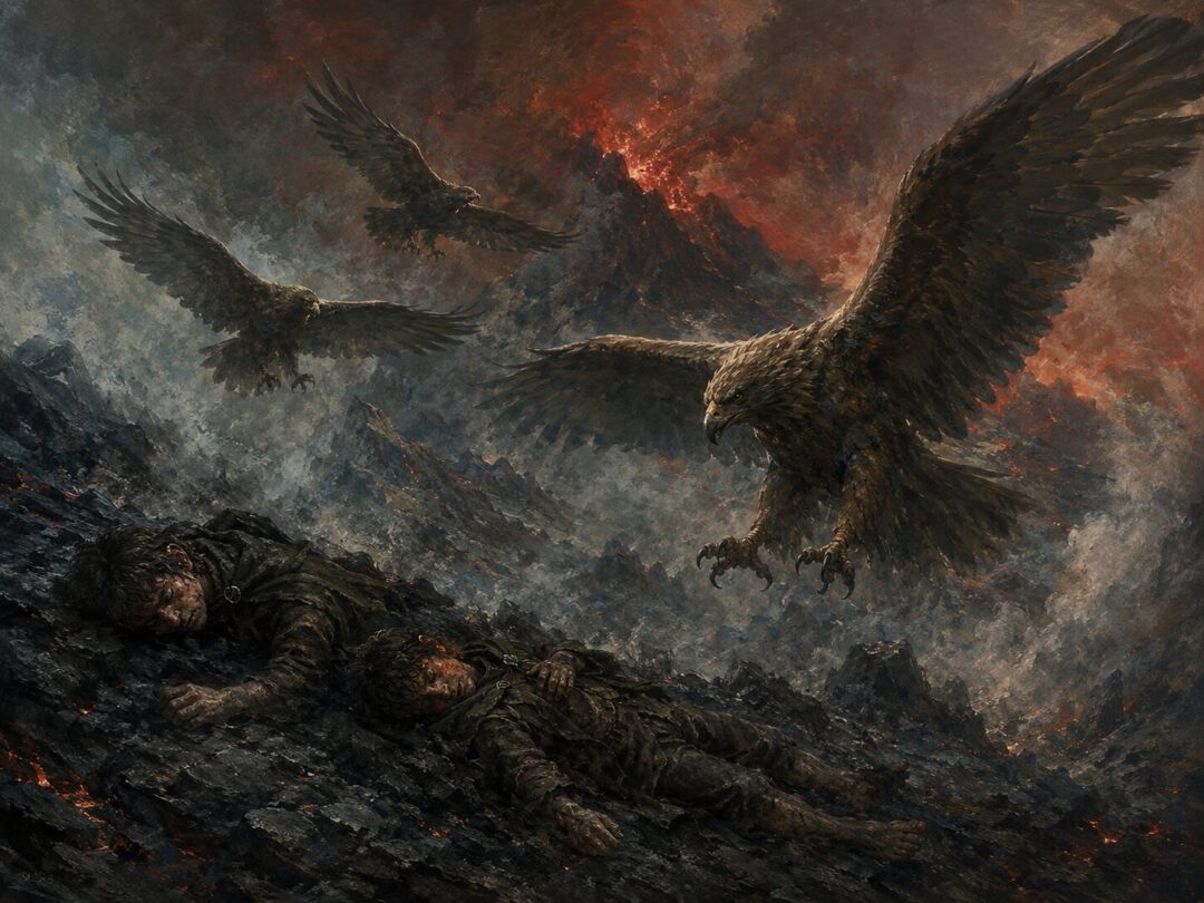 Three great eagles descend through smoke toward two exhausted small figures near a burning volcanic mountain.