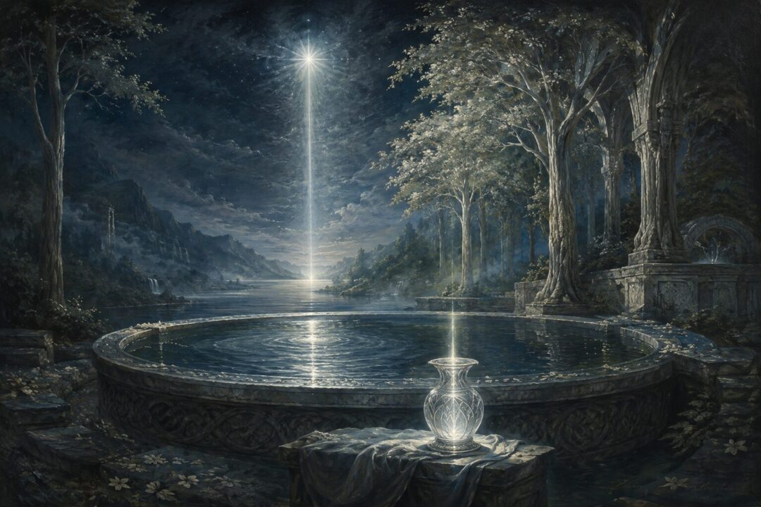 Eärendil’s star shines over a dark sky and reflects into an Elven fountain holding a crystal vessel.