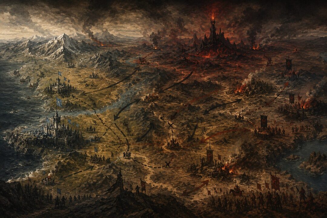 Symbolic map showing unrest spreading through the East and South against Sauron's power.