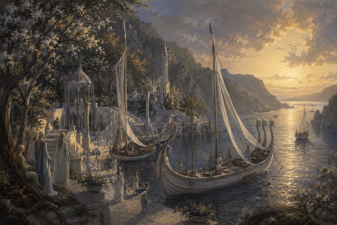 The ancient Elvish harbor of Edhellond before the departure of its people.