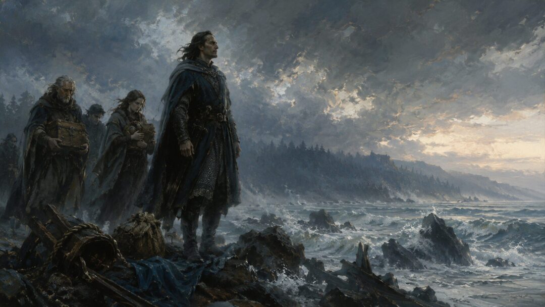 Elendil stands on the shore of Middle-earth with weary survivors after escaping the Downfall of Númenor.
