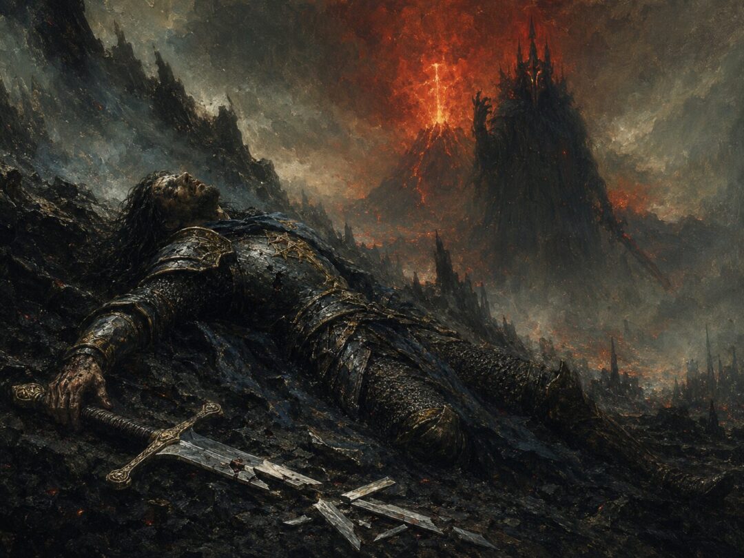 Elendil fallen near Mount Doom with Narsil broken beneath him after the battle with Sauron.