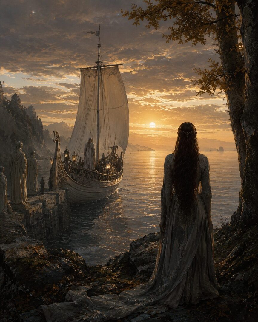 Elrond sailing from the Grey Havens while Arwen remains in Middle-earth.