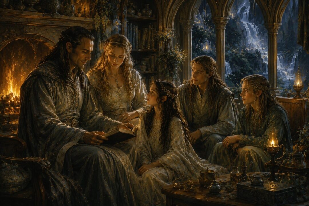 Elrond and his family sharing a quiet moment together in Rivendell.